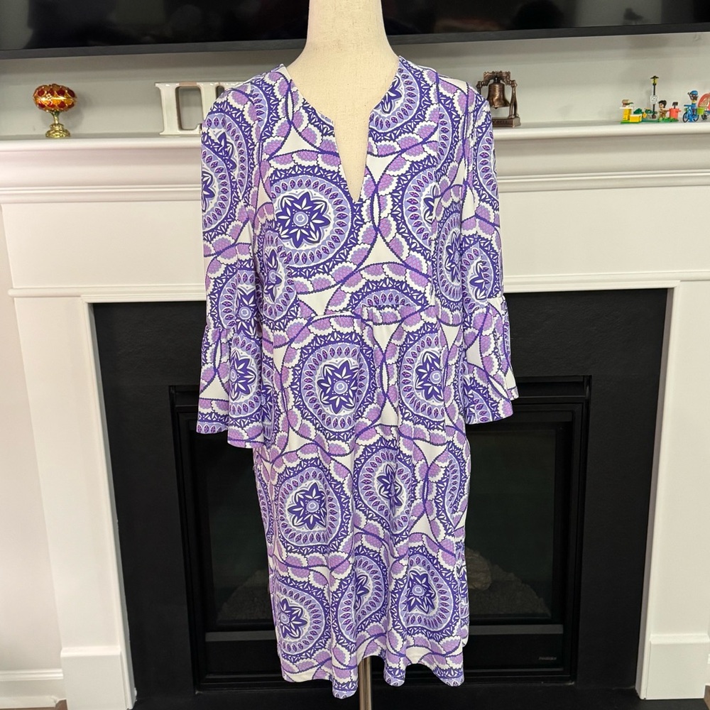 💜 Jude Connally Purple & White Print Dress with Bell Sleeves & Pockets – Small